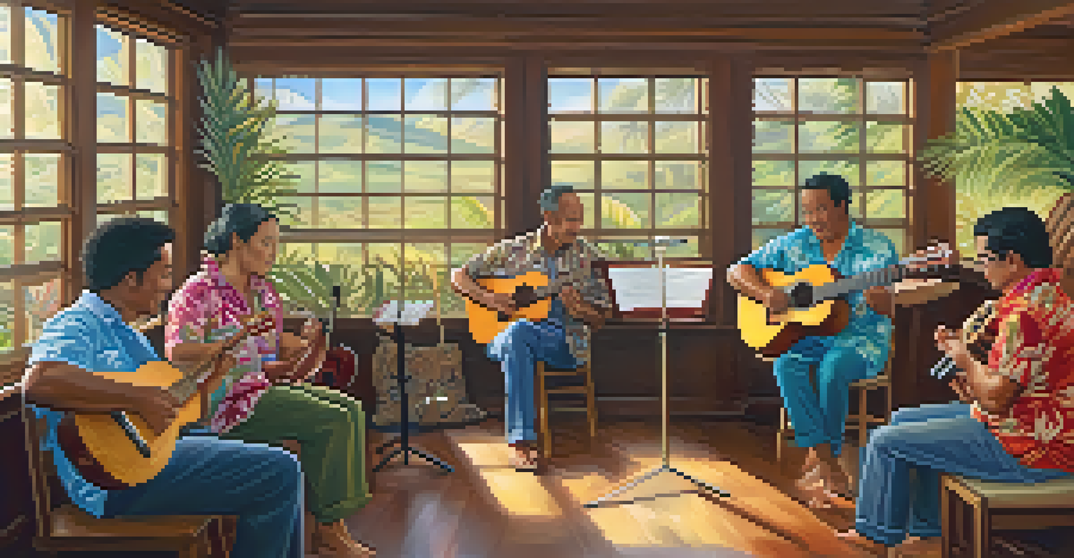 A group of people in a workshop learning to play the ukulele, with colorful Hawaiian decorations and natural light.