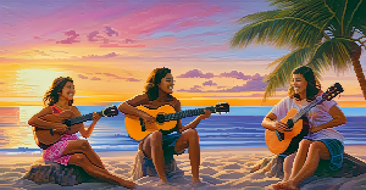 A group of friends playing ukuleles at the beach during a colorful sunset, with palm trees in the background.