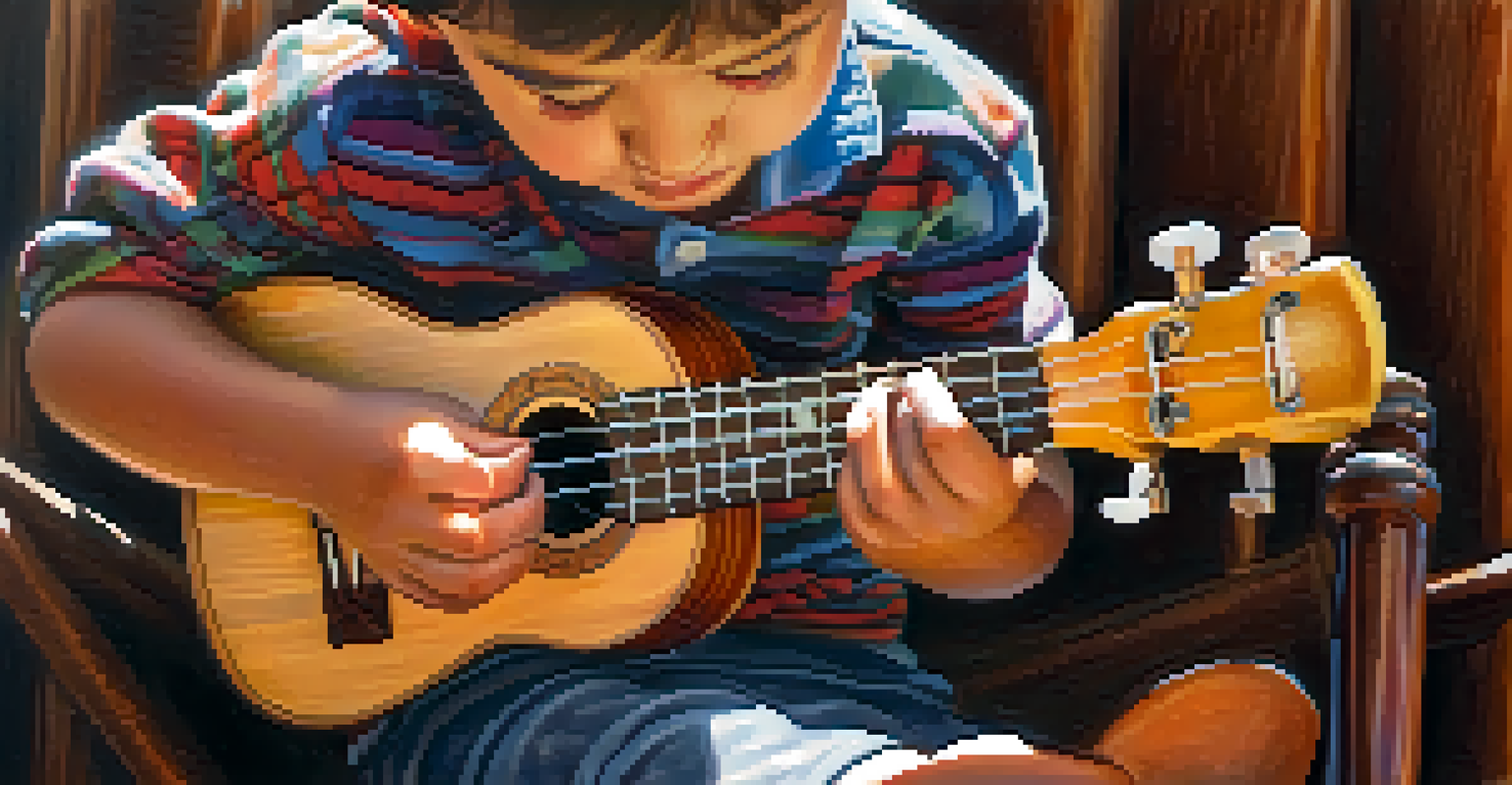 A child's hands playing a ukulele, showcasing the instrument's details and a music sheet in the background.