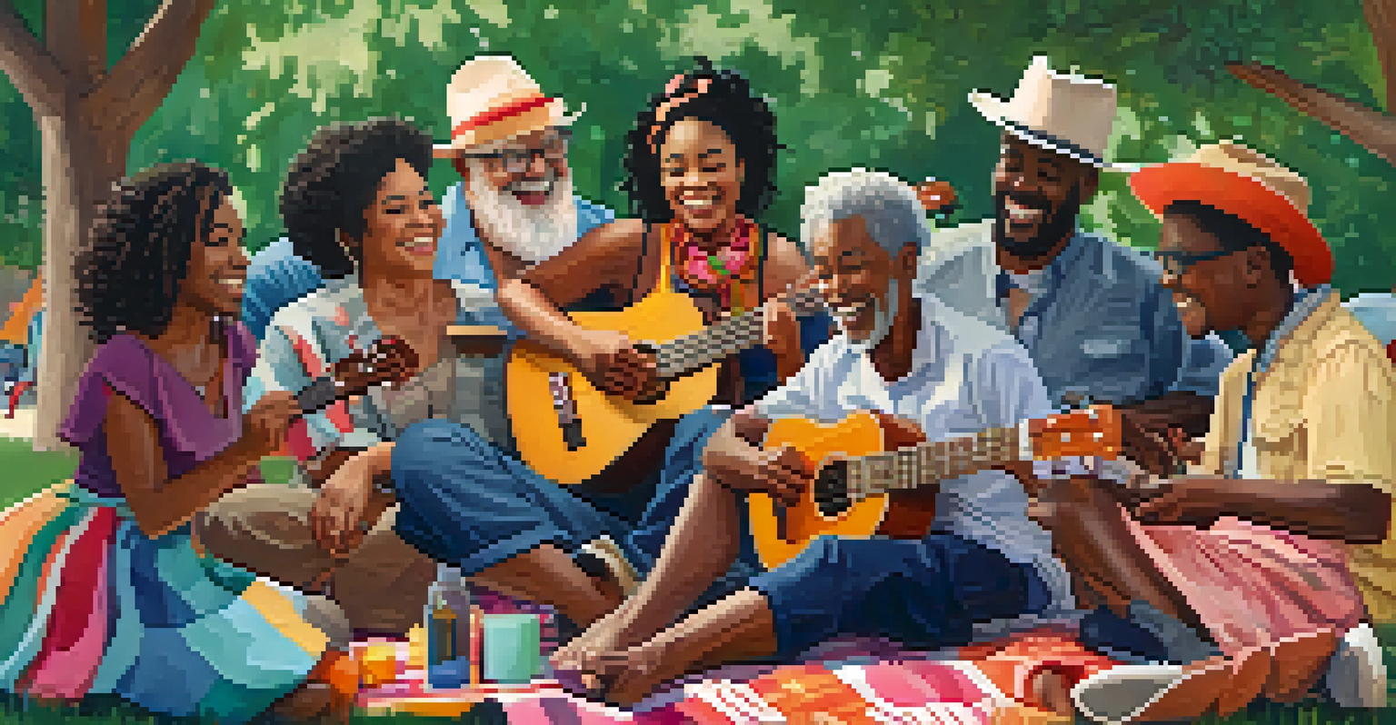 A diverse group of people playing ukuleles together in a park, enjoying a jam session.