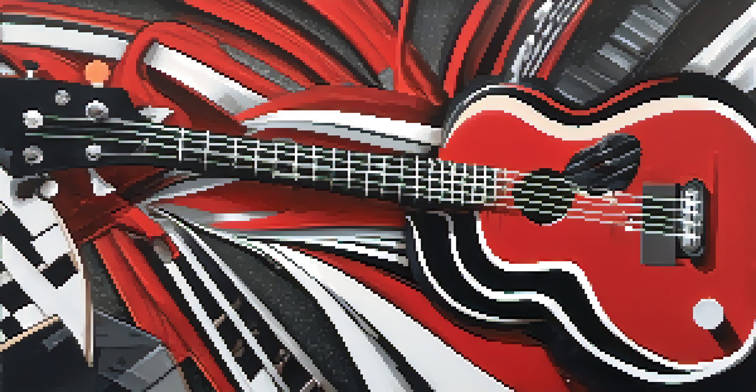 An artistic representation of a ukulele fused with heavy metal elements, set against abstract sound waves.