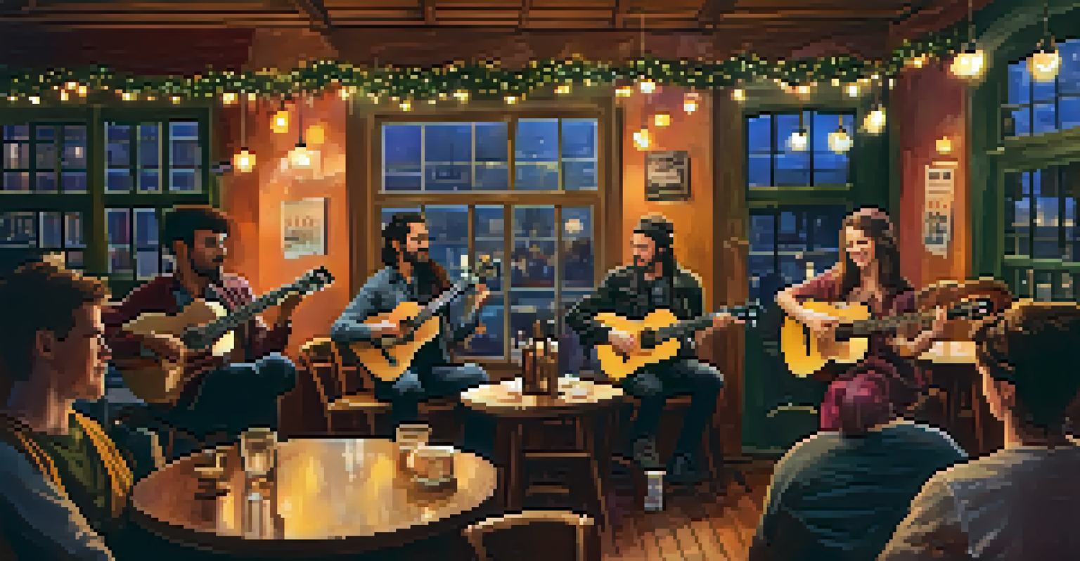 A band performing in a café with a guitarist playing an electric ukulele, surrounded by an engaged audience.