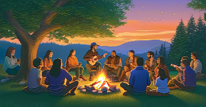 A group of people gathered around a campfire, with a storyteller playing a ukulele, surrounded by trees and a colorful dusk sky.