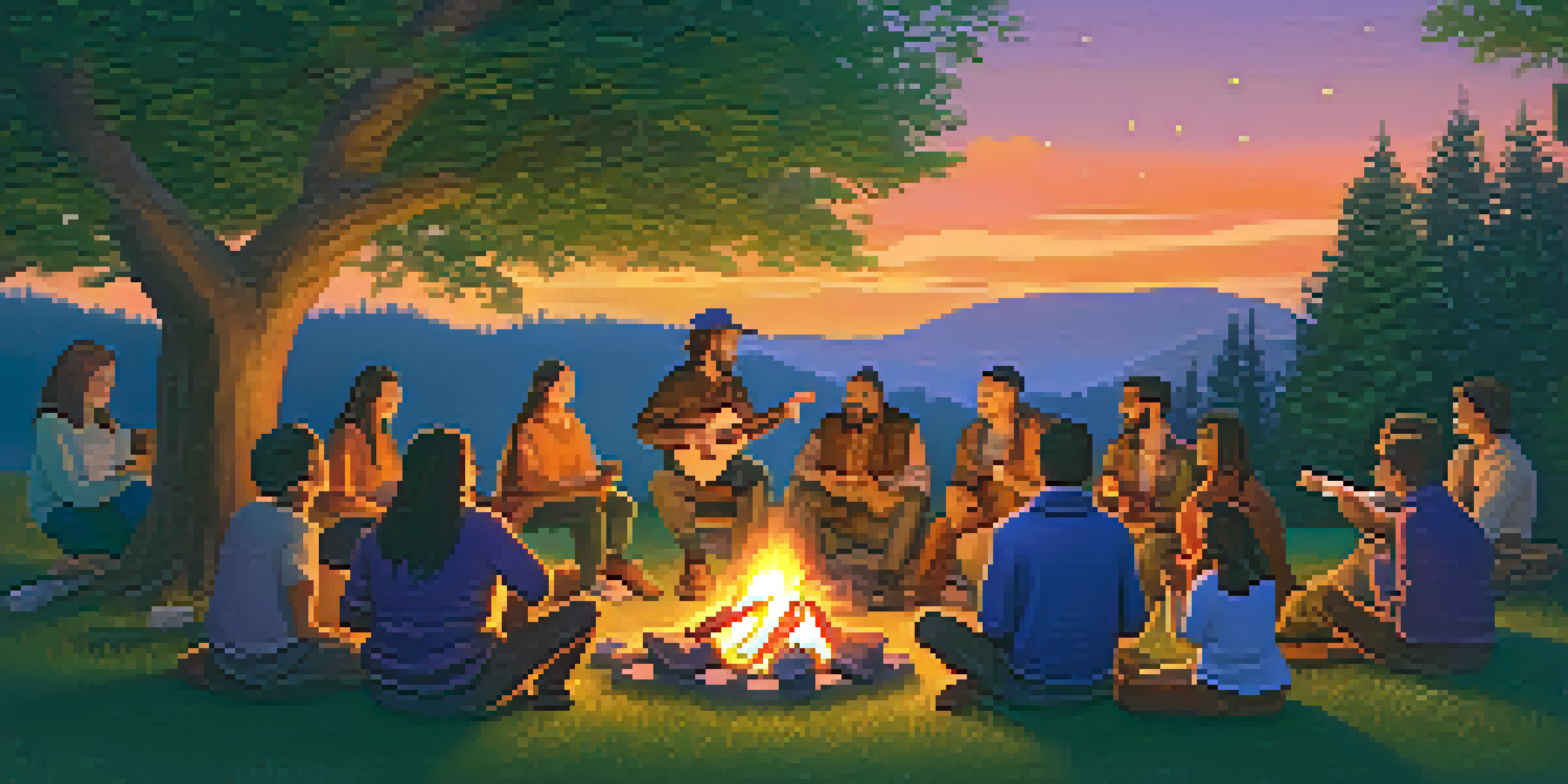 A group of people gathered around a campfire, with a storyteller playing a ukulele, surrounded by trees and a colorful dusk sky.