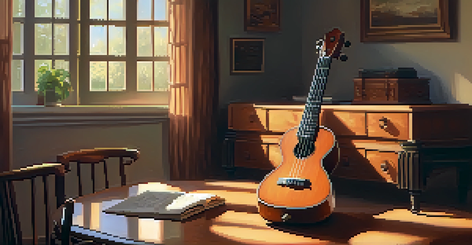 A cozy indoor scene with a ukulele on a wooden table and a violin on a chair, illuminated by warm light.