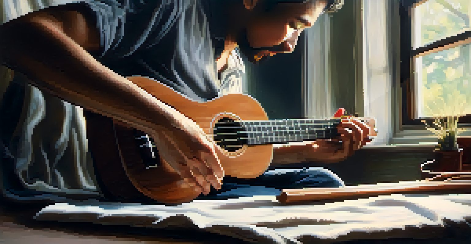 An artist's hands playing the ukulele, showing fingerpicking technique.