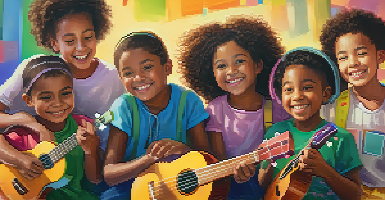 A group of children in a circle, each with a ukulele, enjoying music together in a bright classroom.