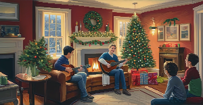 A warm and inviting living room filled with family and friends celebrating the holidays, with someone playing a ukulele amidst festive decorations.