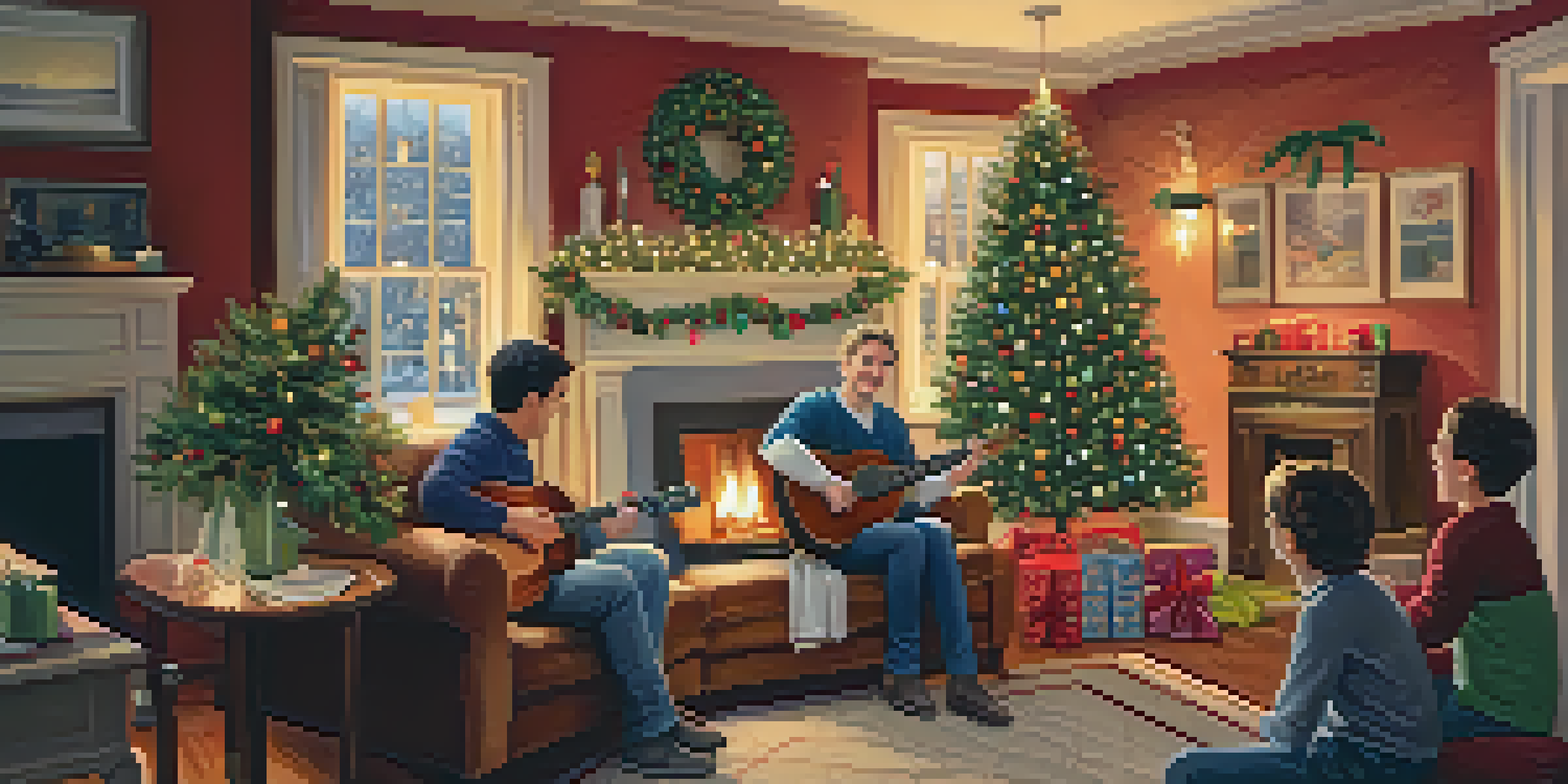 A warm and inviting living room filled with family and friends celebrating the holidays, with someone playing a ukulele amidst festive decorations.