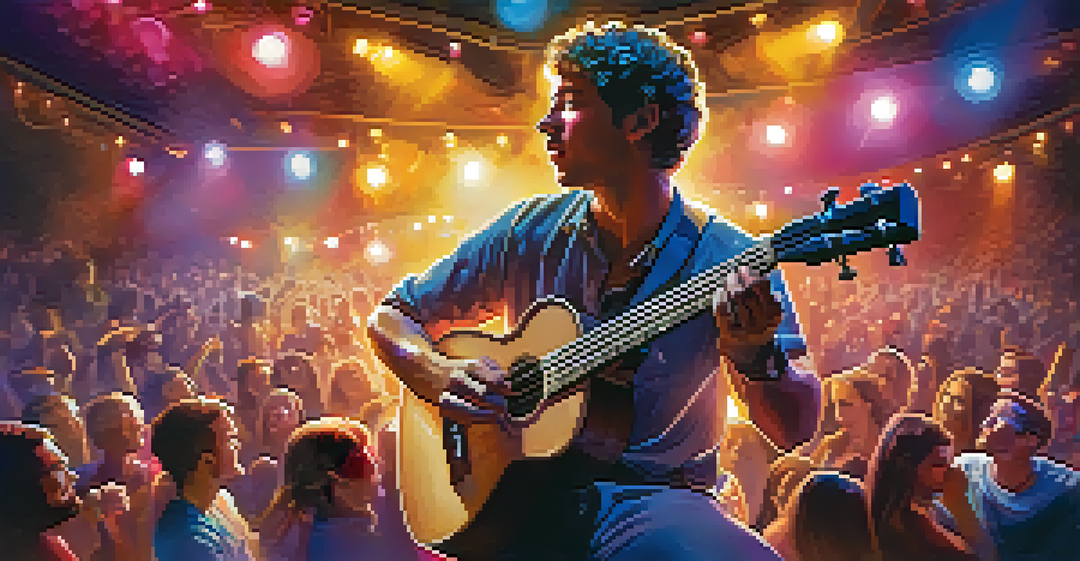 A musician on stage performing with a ukulele, using finger and arm vibrato techniques, with colorful stage lights and an engaged audience.