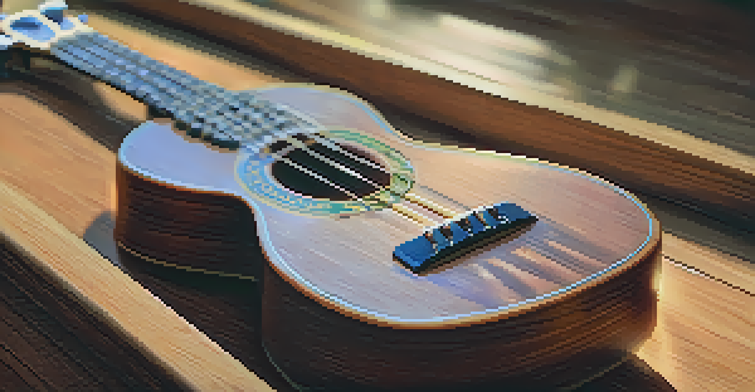 A close-up of a ukulele on a wooden stage, illuminated by a spotlight, with a blurred audience in the background.