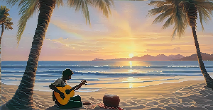 A musician playing a ukulele on a beach at sunset, surrounded by palm trees and a peaceful atmosphere.