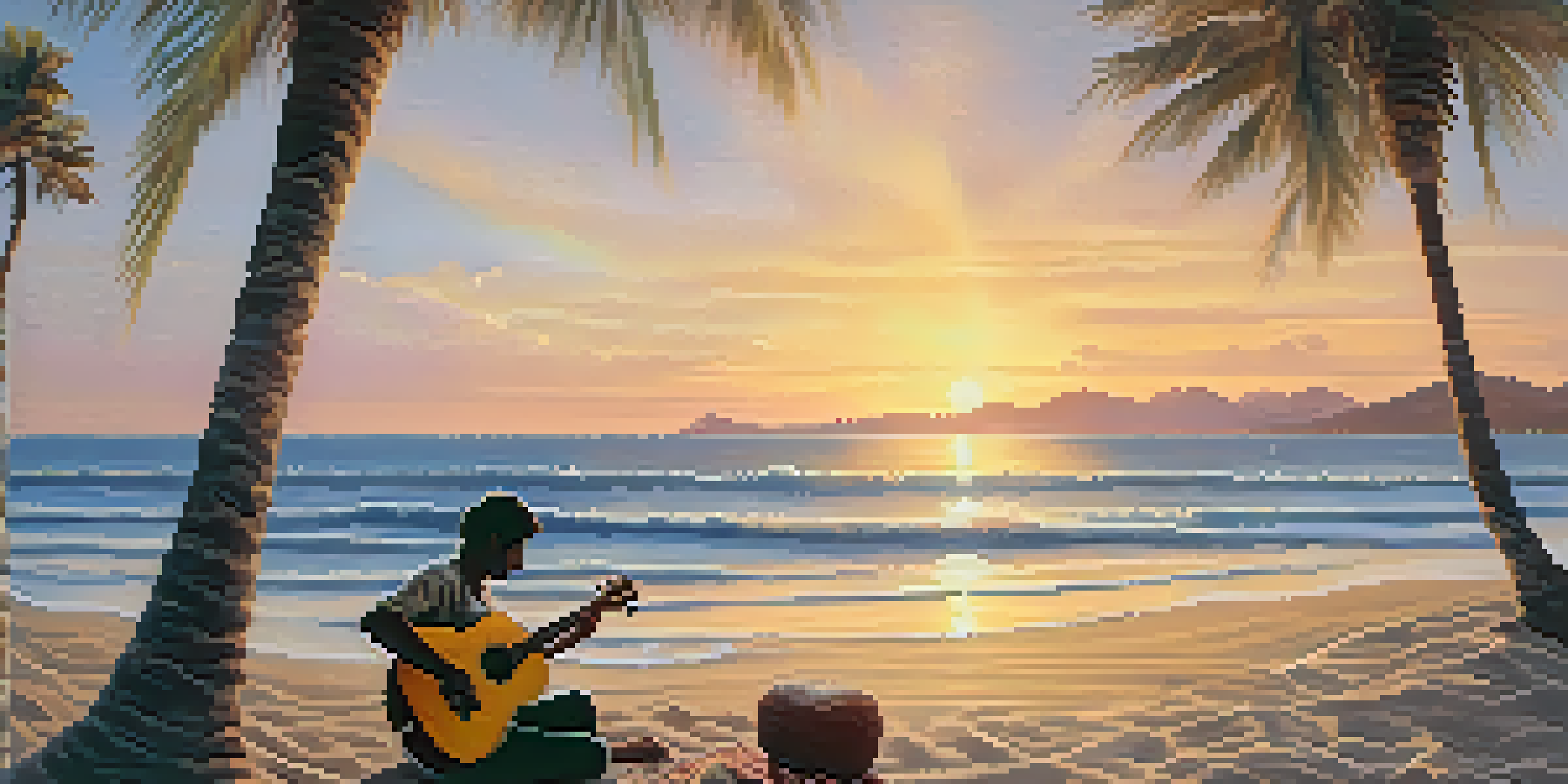 A musician playing a ukulele on a beach at sunset, surrounded by palm trees and a peaceful atmosphere.