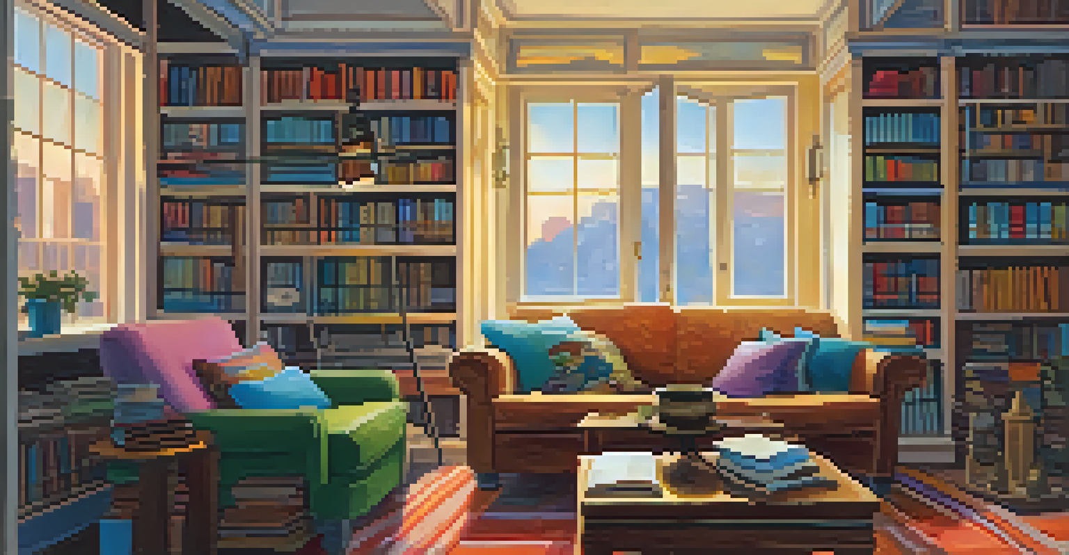 A musician sitting on a couch, playing a ukulele in a cozy room filled with books and warm light.