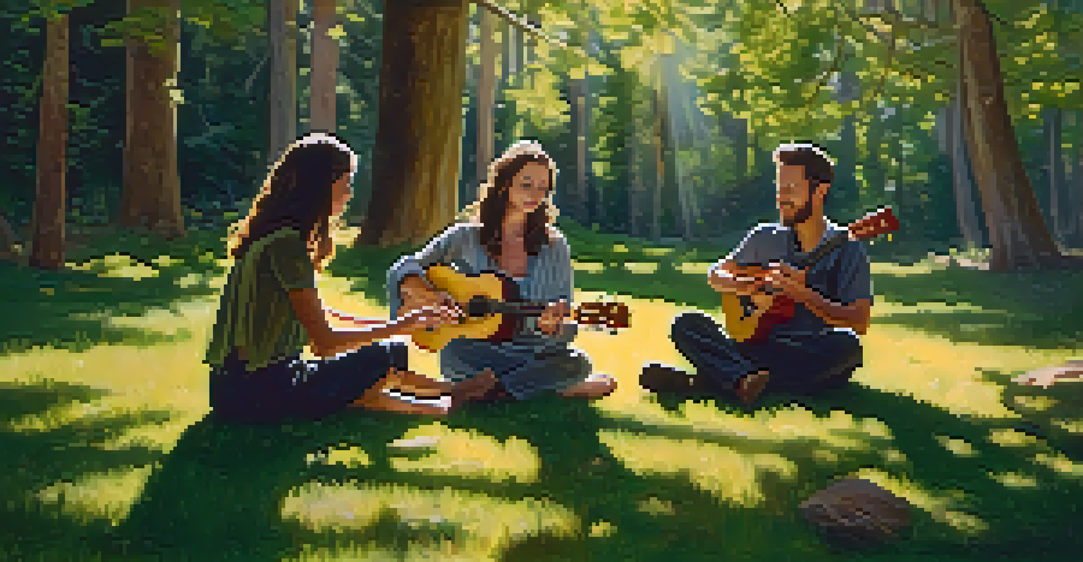 A peaceful ukulele retreat in a forest with participants sitting in a circle, playing ukuleles under the trees.