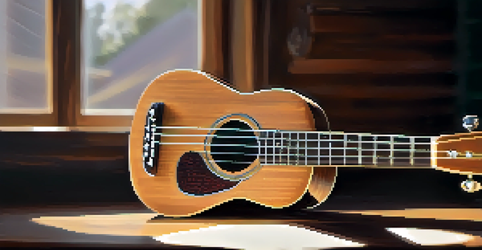 A close-up image of a wooden ukulele on a rustic table with soft natural light, and microphone accessories in the blurred background.