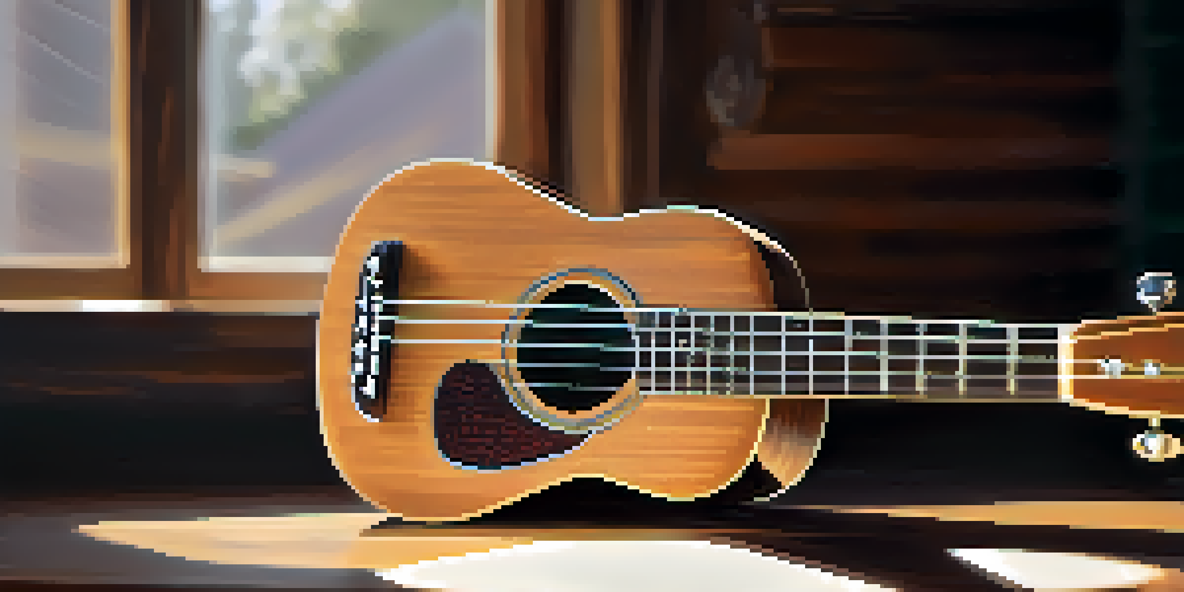 A close-up image of a wooden ukulele on a rustic table with soft natural light, and microphone accessories in the blurred background.