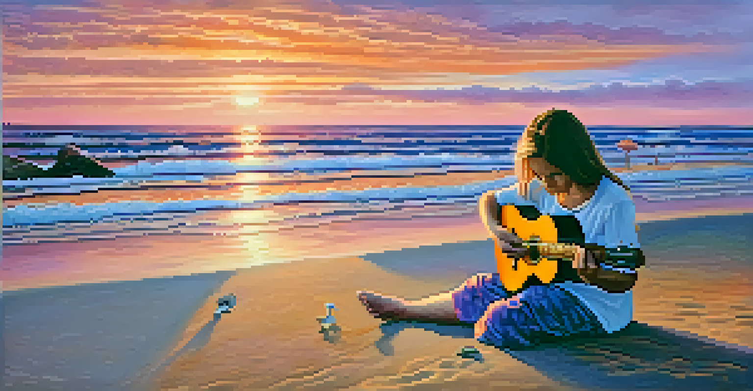 A person sitting on the beach with a ukulele at sunset, surrounded by seashells and beach grass.