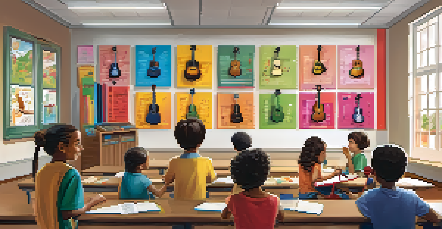 A vibrant music classroom filled with colorful posters and ukuleles on display, with a teacher demonstrating a chord to attentive children.