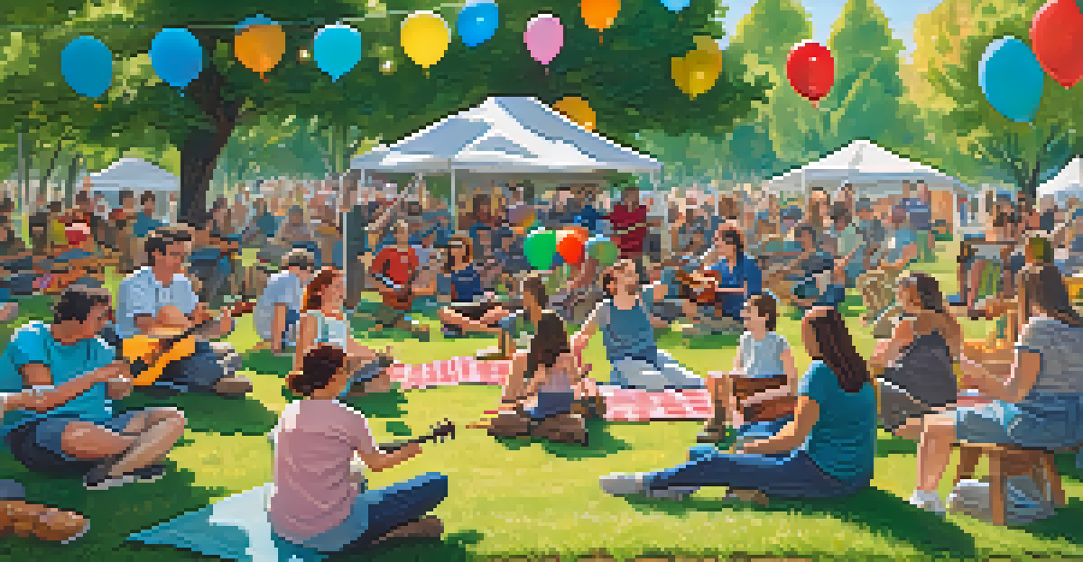 An outdoor ukulele workshop in a sunny park with participants sitting on blankets, engaging with an instructor demonstrating techniques.