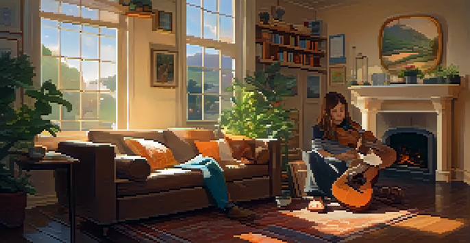A person sitting on a sofa, playing a ukulele with a warm, inviting room around them.