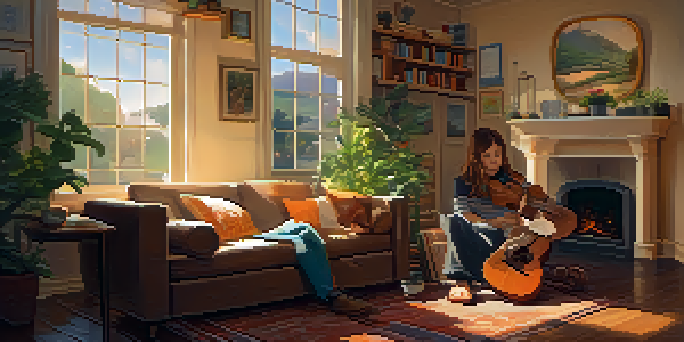 A person sitting on a sofa, playing a ukulele with a warm, inviting room around them.