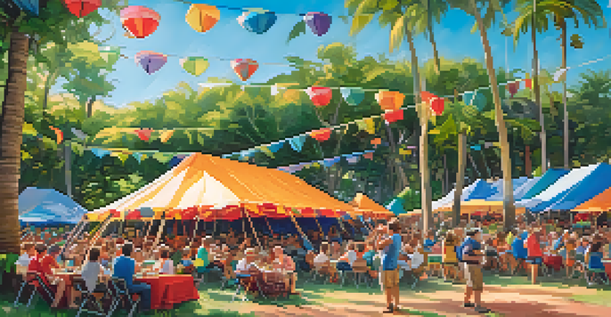 An outdoor ukulele festival with musicians playing, surrounded by greenery and colorful tents, with attendees dancing and enjoying the music.