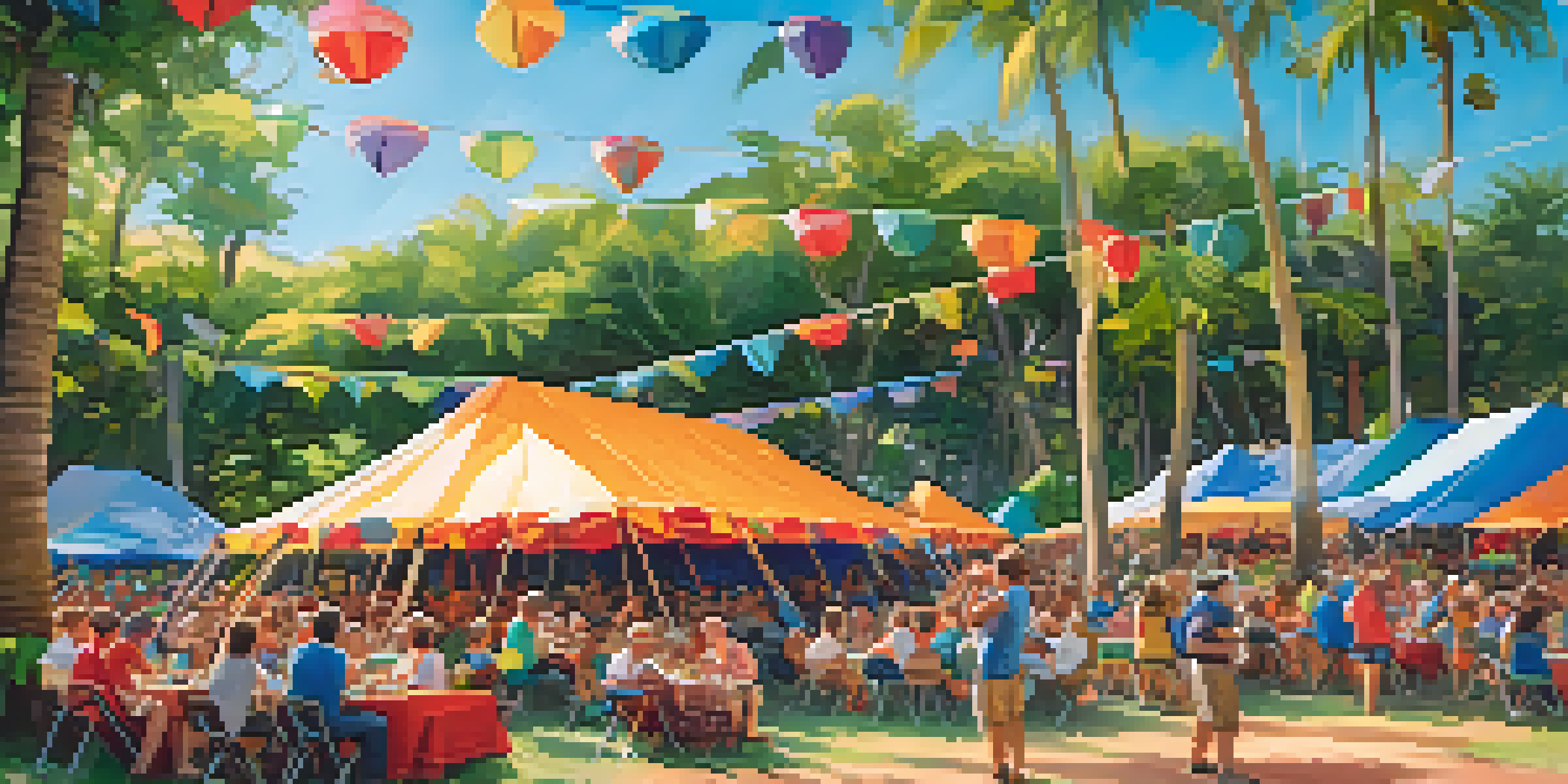 An outdoor ukulele festival with musicians playing, surrounded by greenery and colorful tents, with attendees dancing and enjoying the music.