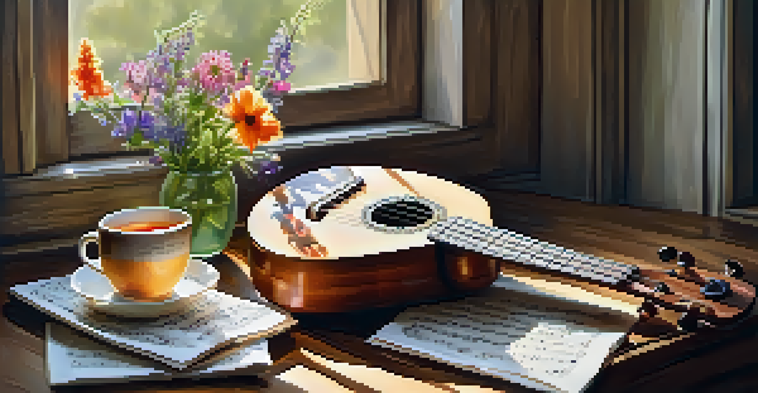 A close-up of a ukulele on a wooden table with sheet music and a cup of tea, surrounded by flowers.