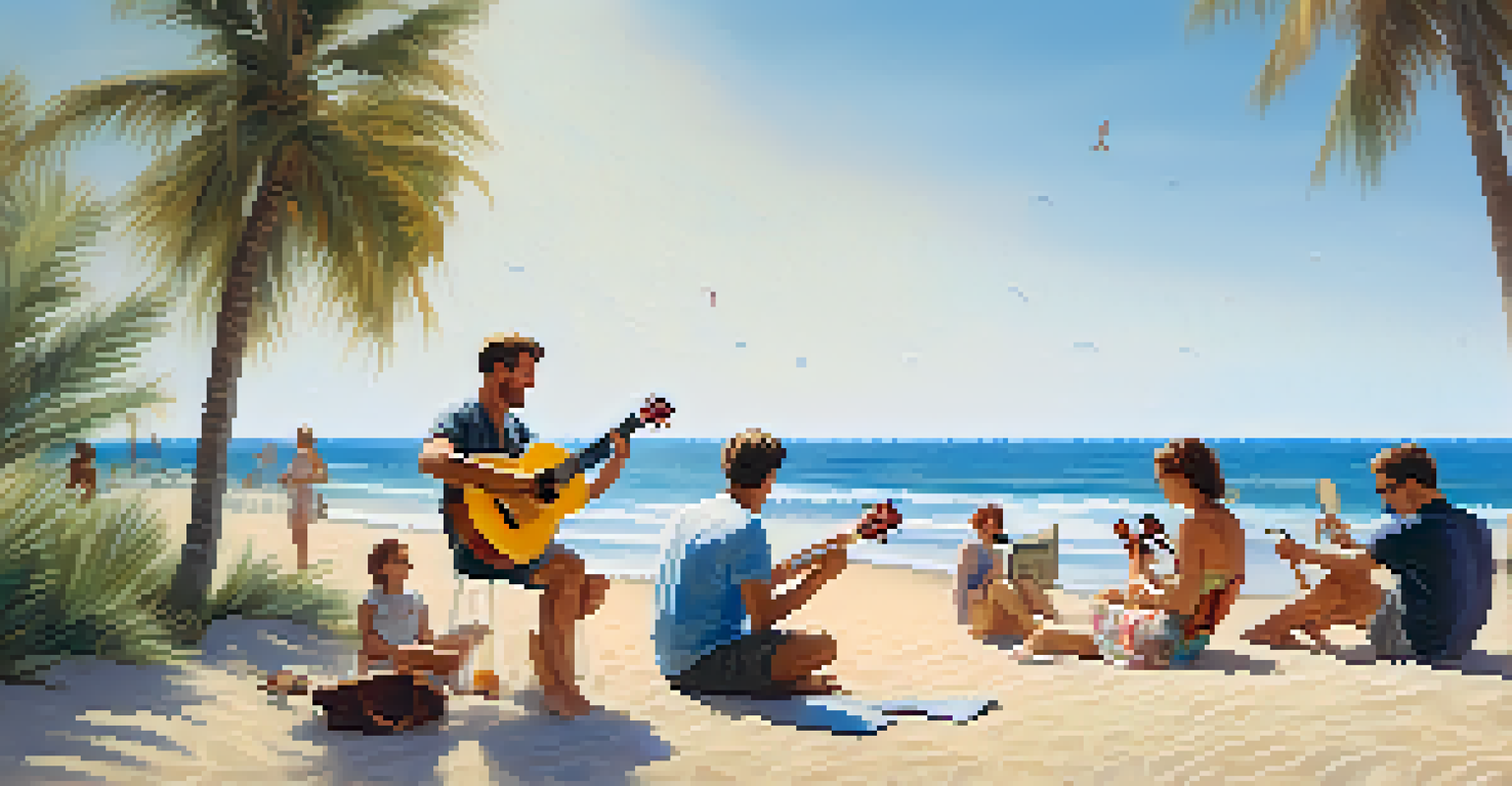 A person playing a ukulele on the beach, surrounded by friends and palm trees, with waves in the background and a joyful atmosphere.