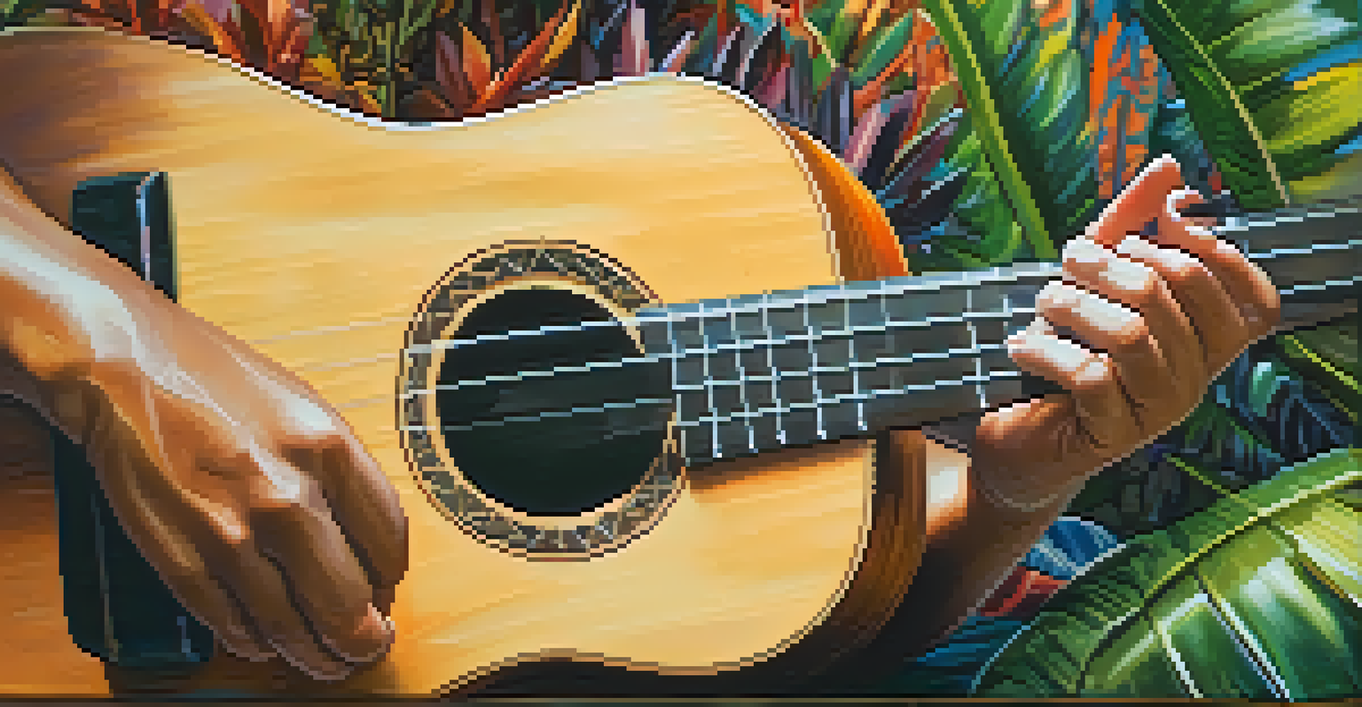 Close-up of hands playing a ukulele with soft lighting and tropical plants in the background.
