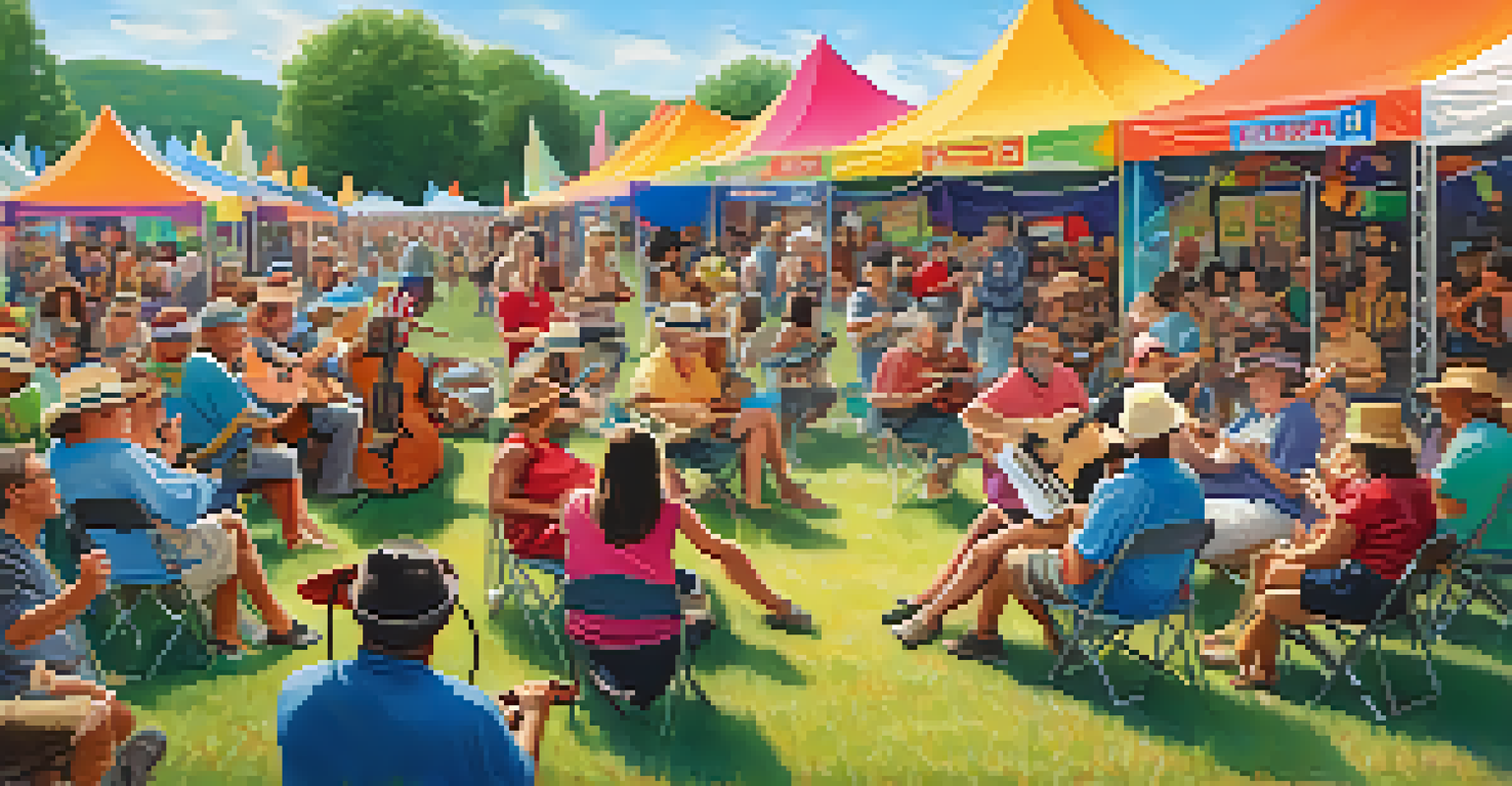A lively outdoor ukulele festival with diverse groups of people playing ukuleles and enjoying music together.