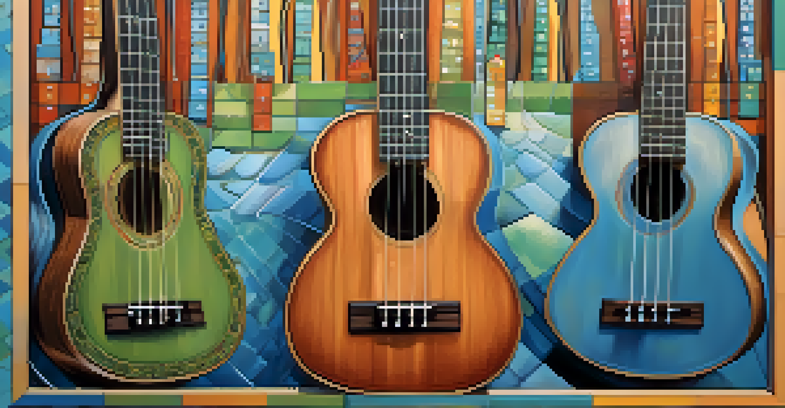 An artistic split image showing a musician strumming chords with harmonics on one side and a detailed view of ukulele frets on the other, set in soft blues and greens.