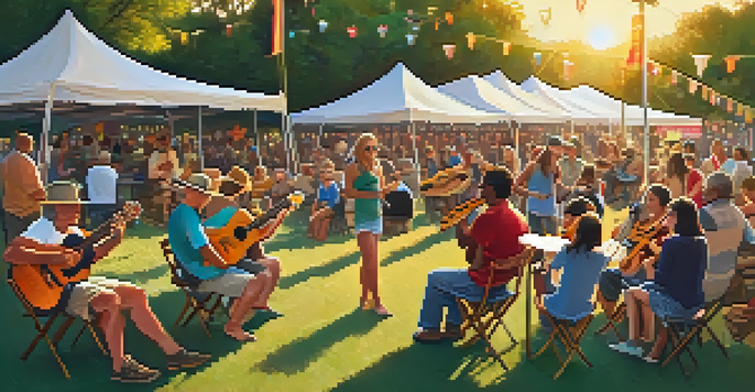 A lively outdoor festival with diverse musicians playing ukuleles, surrounded by colorful tents and a sunset glow.
