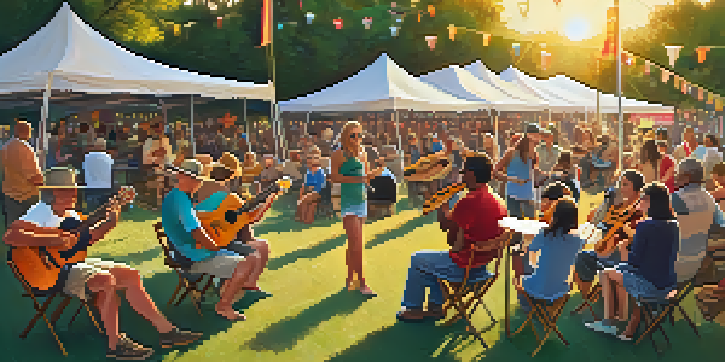 A lively outdoor festival with diverse musicians playing ukuleles, surrounded by colorful tents and a sunset glow.