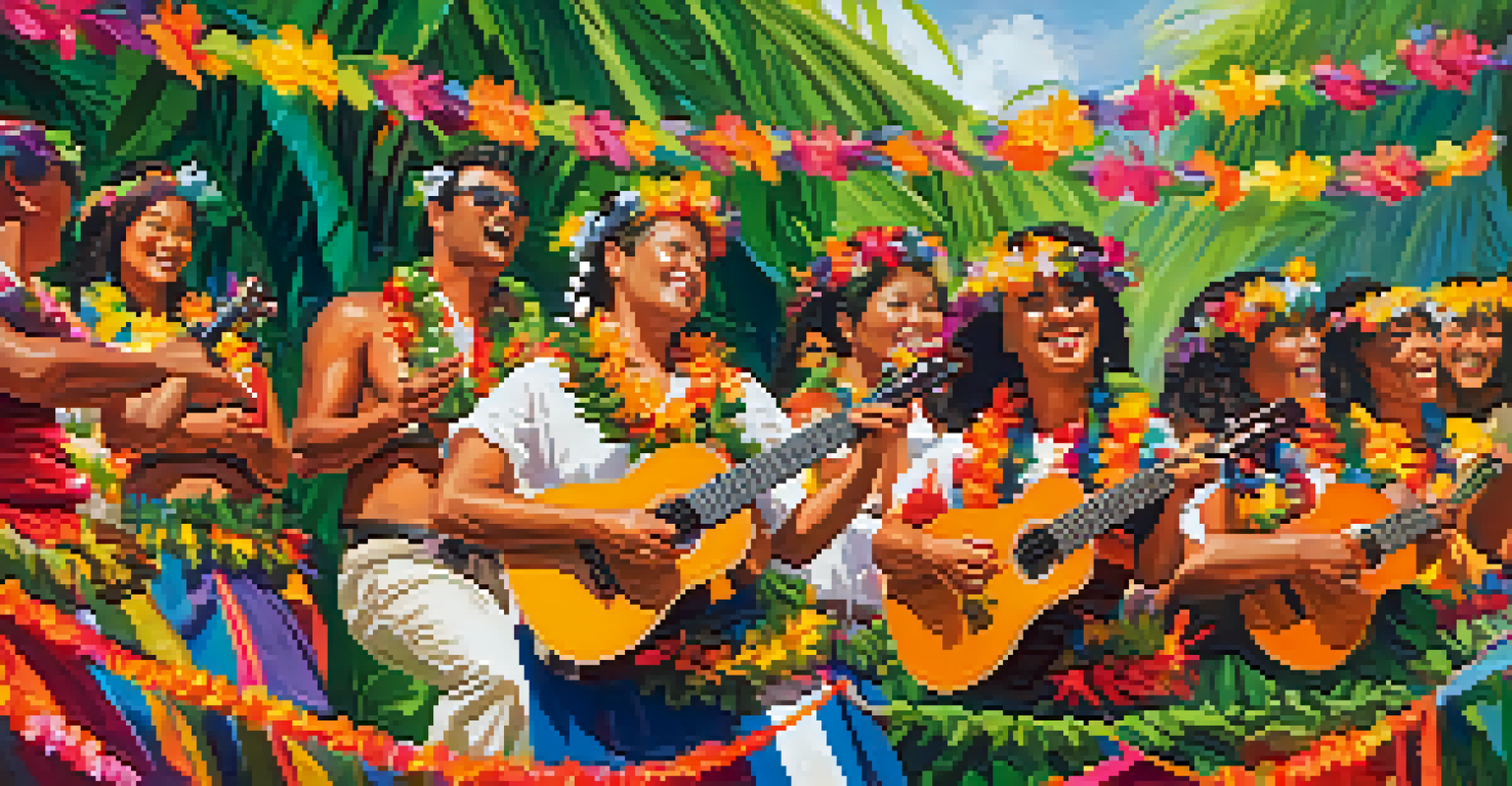 A vibrant Hawaiian cultural festival with musicians playing ukuleles and hula dancers in traditional attire.
