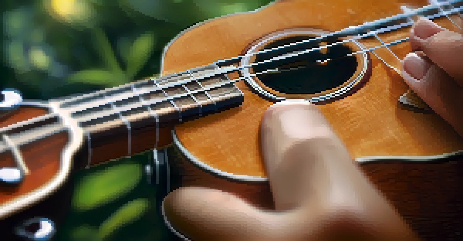 A close-up of a hand strumming a ukulele, showcasing its wooden texture with a soft green bokeh background.