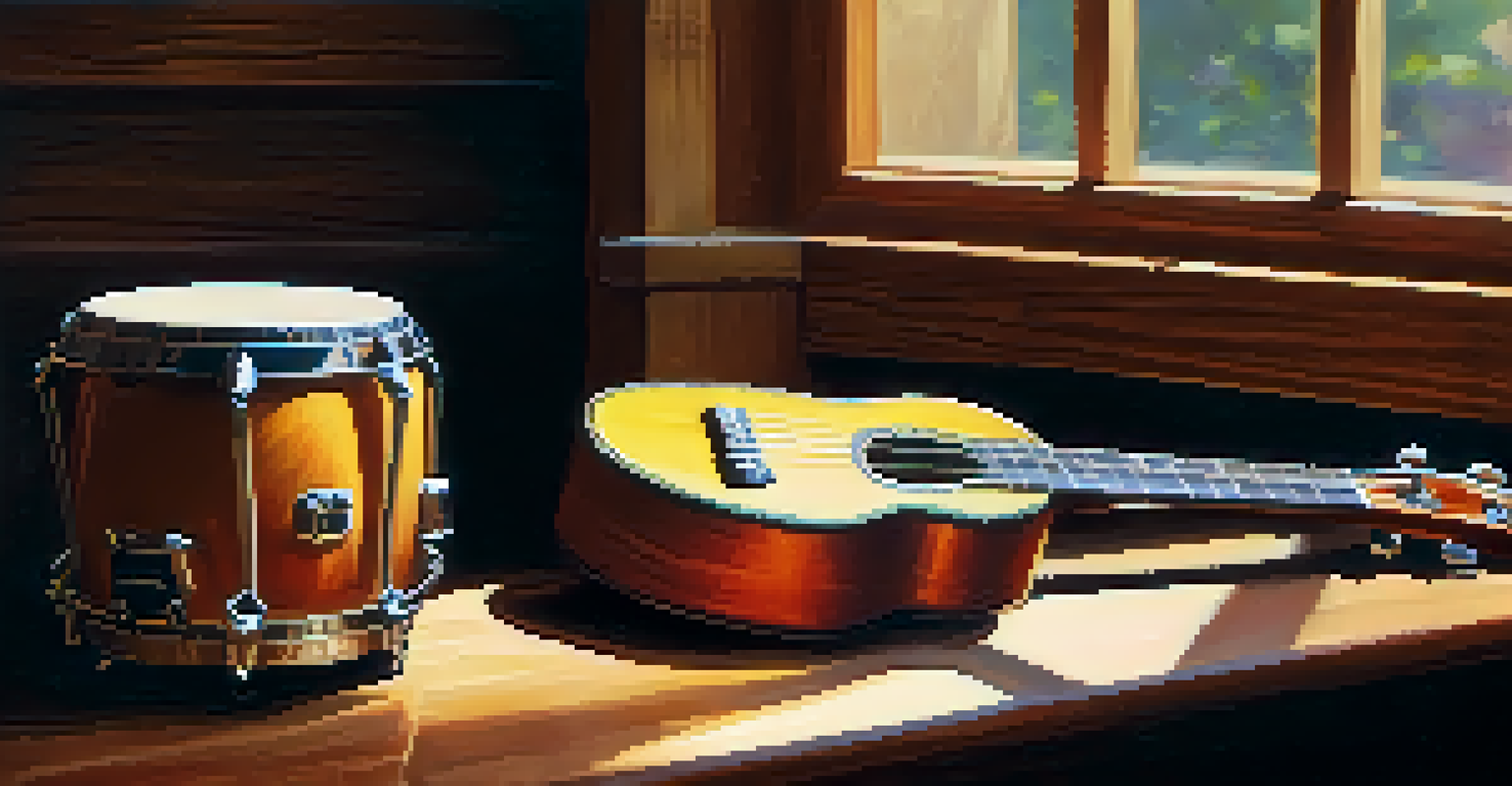 A close-up view of a ukulele and percussion instruments arranged on a wooden table, with sunlight creating soft shadows.