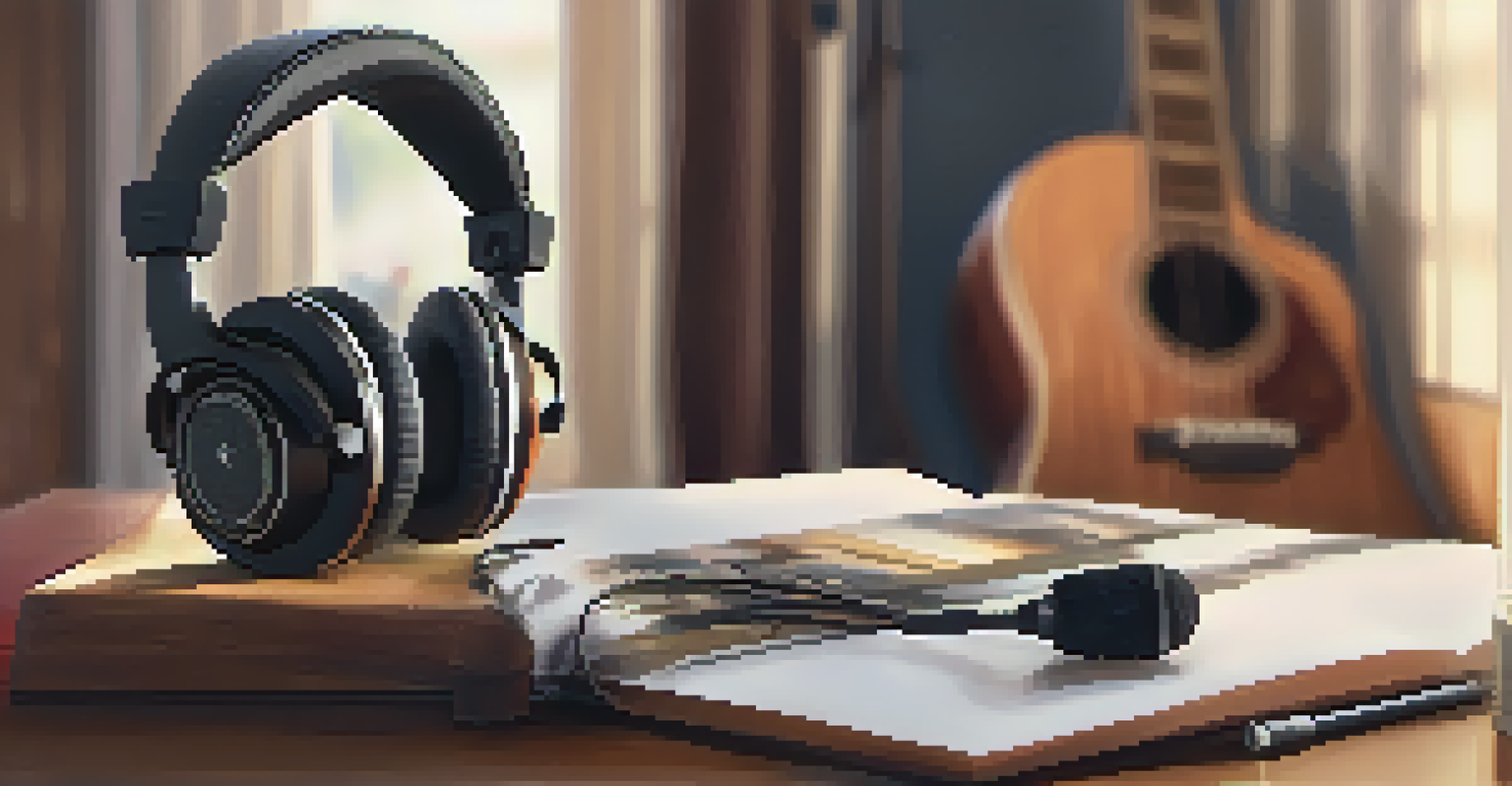 Closed-back headphones on a desk next to a ukulele and microphone in a cozy recording space.