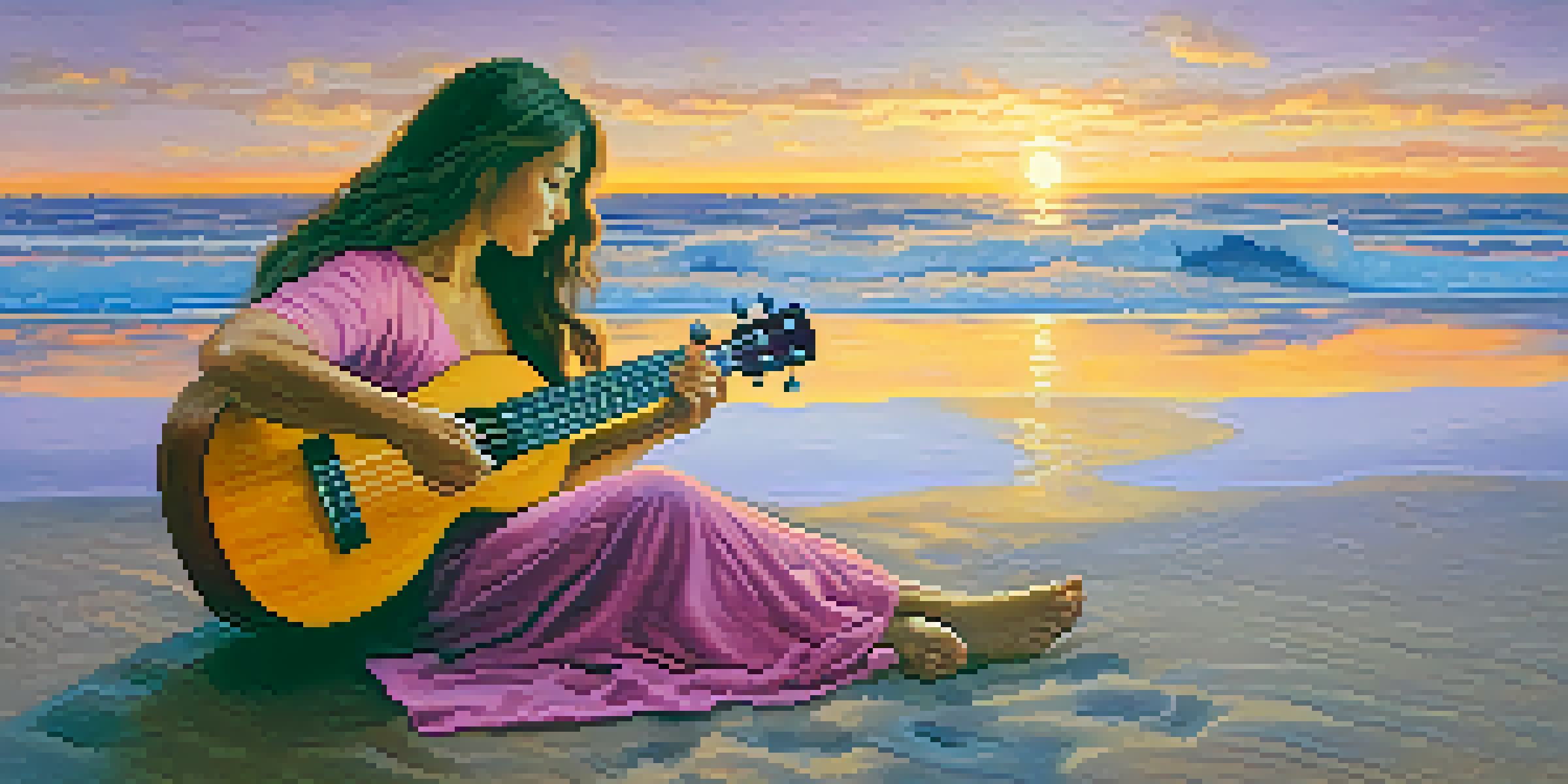 A woman playing a ukulele on a beach during sunset, with colorful skies and gentle waves in the background.