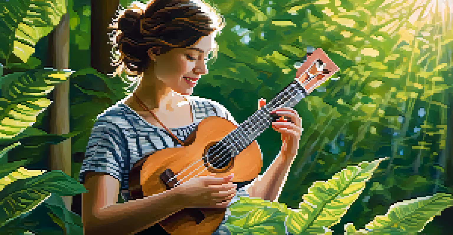 A person playing a maple ukulele outdoors, surrounded by greenery, with sunlight filtering through the leaves.