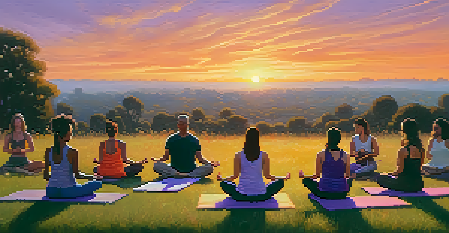 A group of people practicing yoga outdoors at sunset, with one person playing a ukulele, surrounded by a beautiful sky.