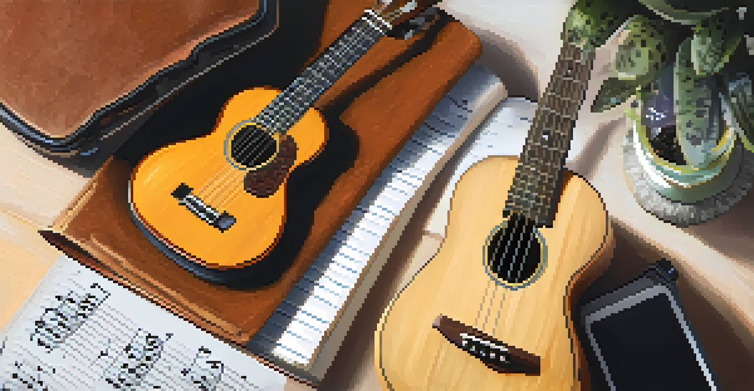 Overhead view of a ukulele practice session with a notebook, phone, and songbook.