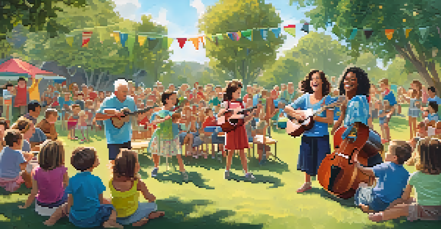 Children performing with ukuleles at a community event in a sunny park.