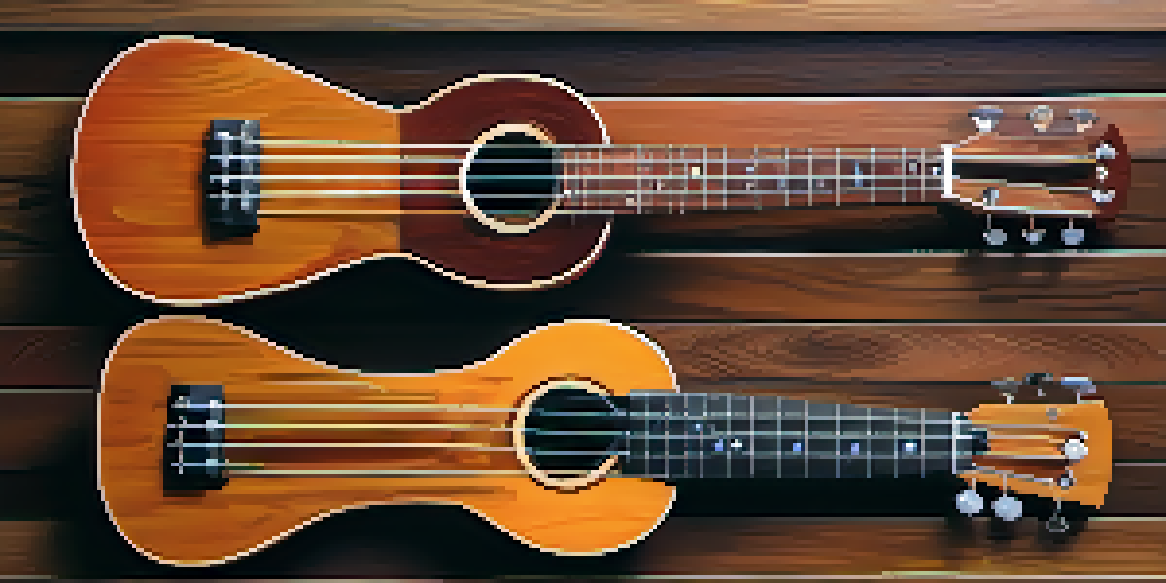 A close-up image of various ukulele strings made of nylon, fluorocarbon, and wound metal on a wooden surface, with natural light enhancing their textures.