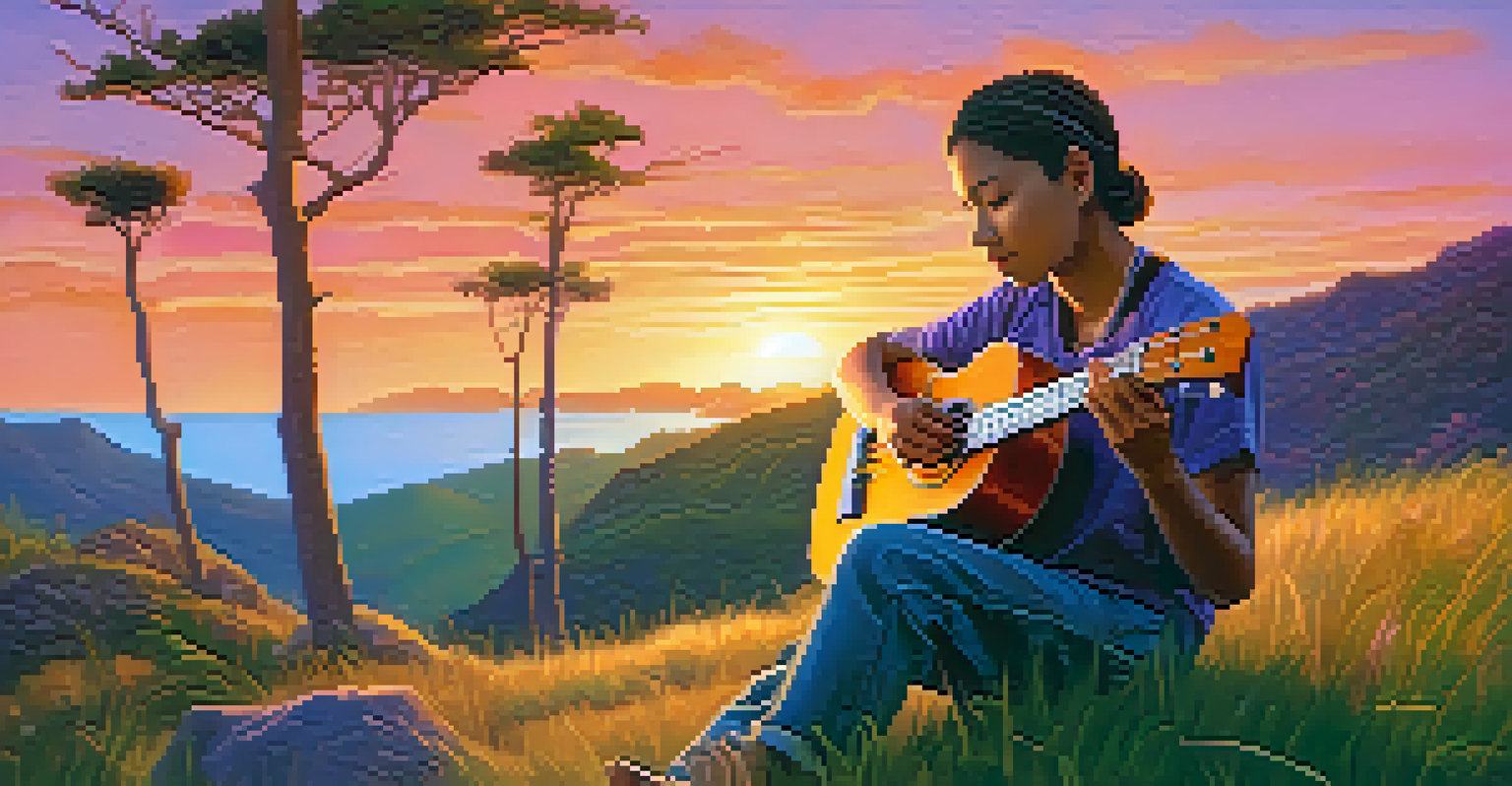 A ukulele player tuning their instrument on a grassy hill during sunset.