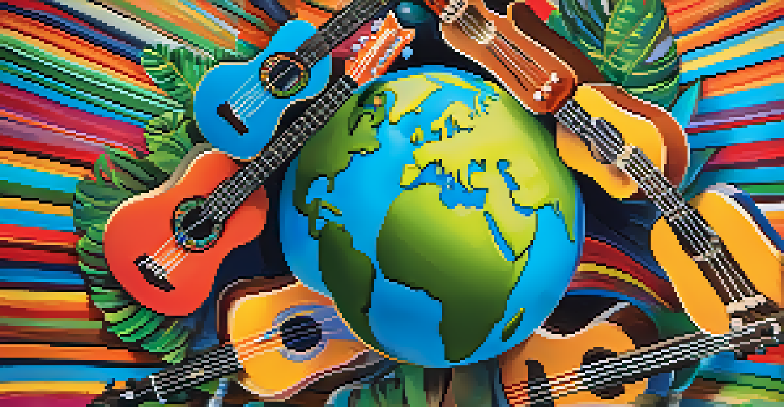 A globe surrounded by various culturally patterned ukuleles, symbolizing global unity through music.