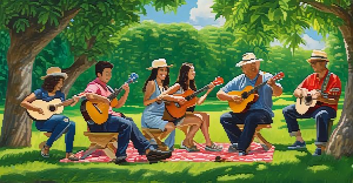 A diverse group of ukulele musicians playing together in a sunny park, surrounded by trees and people enjoying a picnic.