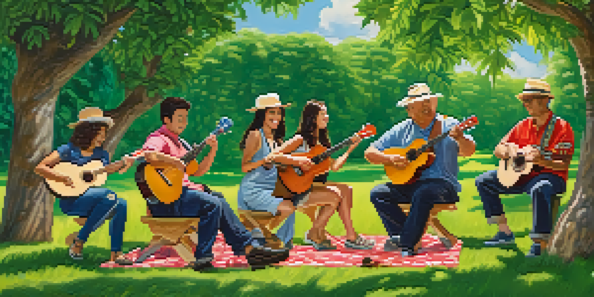A diverse group of ukulele musicians playing together in a sunny park, surrounded by trees and people enjoying a picnic.