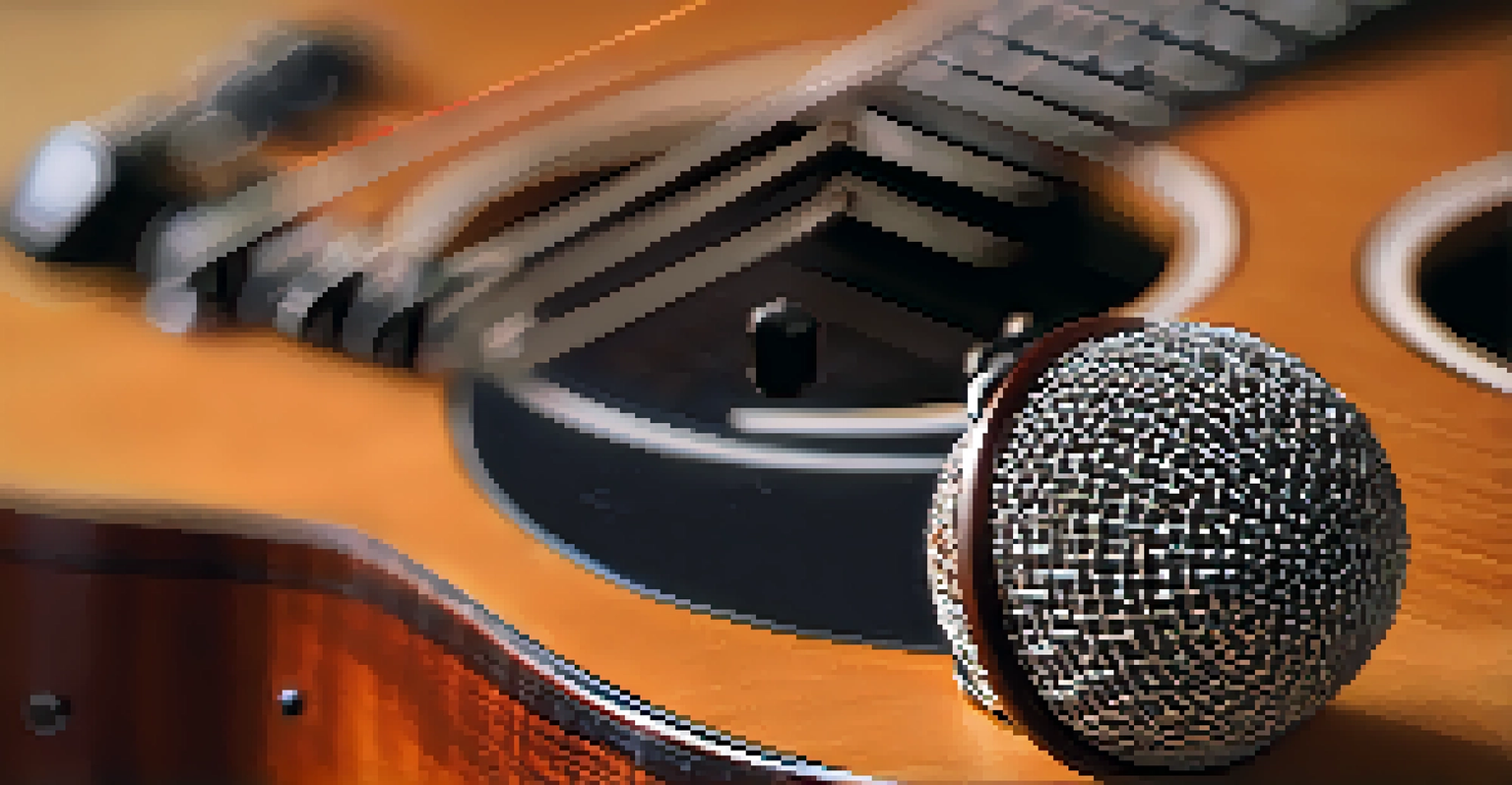 A close-up of a condenser microphone positioned near a ukulele, highlighting the instrument's details and textures.